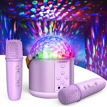 Mini Karaoke Machine for Kids, Birthday Party Gifts Toys for Girls Ages 4 5 6 7 8 9 10 11 12+ Years Old, Karaoke Microphone with 2 Wireless Microphones, Portable Bluetooth Speaker with Disco LED Light - color: Purple