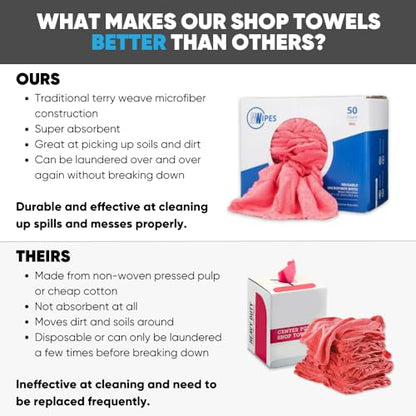 Microfiber Wholesale Microfiber Shop Towels | MWipes Reusable Red Shop Rags | 50 Rags in a Box | Super Absorbent, Machine Washable Hundreds of Times | Automotive, Paint, Industrial, Detailing - color: Red