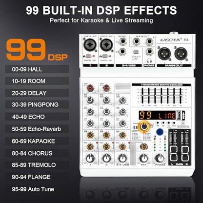 99개의 DSP 효과 및 48V 팬텀 파워가 있는 4채널 블루투스 오디오 믹서 | 7밴드 EQ, 헤드폰 모니터링, 팟캐스트, 라이브 스트리밍, 노래방, 홈 녹음, 기타, 베이스용 사운드 믹서 보드