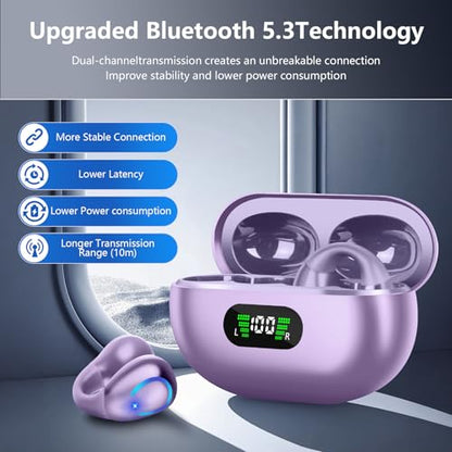 Ultra Open Ear Headphones Bluetooth 5.3 Wireless Bone Conduction Clip On Earbuds with Digital Display Charging Case 60 Hours Playtime Sport Earphones IPX7 Waterproof for Running Fitness Purple