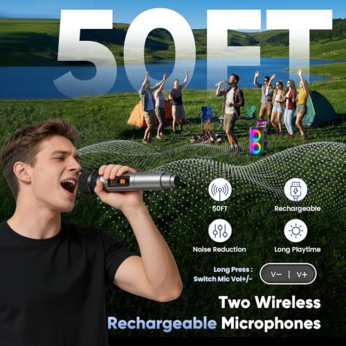 Karaoke Machine for Adults Kids, Portable Bluetooth Speaker with 2 Wireless Microphones, TWS Mode & LED Light, 10H Battery PA System, Home Party Outdoor Camping Birthday (2 Mics) - size: 2 Mics