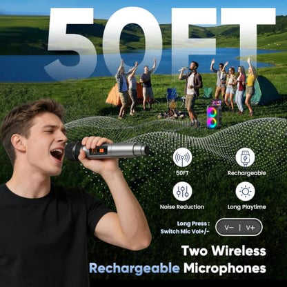 Karaoke Machine for Adults Kids, Portable Bluetooth Speaker with 2 Wireless Microphones, TWS Mode & LED Light, 10H Battery PA System, Home Party Outdoor Camping Birthday (2 Mics) - size: 2 Mics