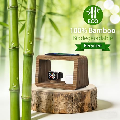 4 in 1 Bamboo Charging Station for Multiple Devices, 15W Fast Wireless Charger with Stepless Dimmable Night Light, Wood Style Dock Compatible with iPhone/iWatch/AirPods