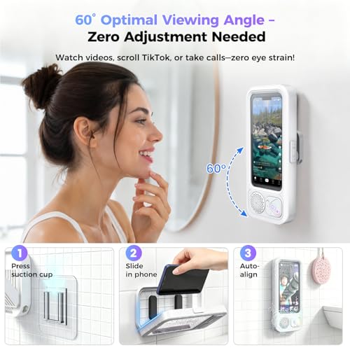 Waterproof Shower Bluetooth Speaker with Phone Holder, IPX5 Splash-Proof Wireless Bathroom Speaker for iPhone & Android, Touch Screen Shower Caddy with Strong Adhesive Hook