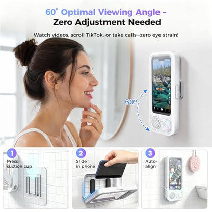 Waterproof Shower Bluetooth Speaker with Phone Holder, IPX5 Splash-Proof Wireless Bathroom Speaker for iPhone & Android, Touch Screen Shower Caddy with Strong Adhesive Hook