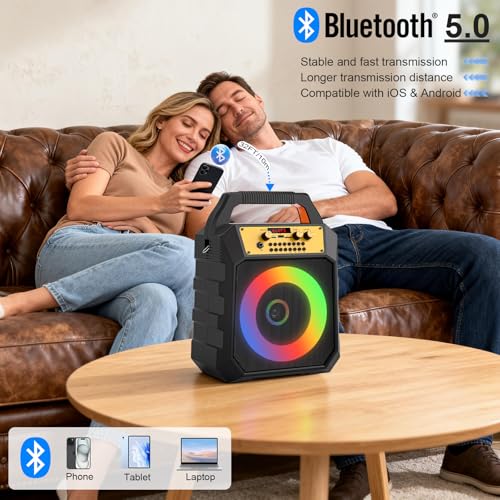 JM Portable Karaoke Machine 2-Way Coaxial Driver Speaker with 2 Mics-Black | Portable,Rechargeable,Bluetooth,TF/SD/USB,AUX,FM,4000mAh,5 Light Modes - color: Black