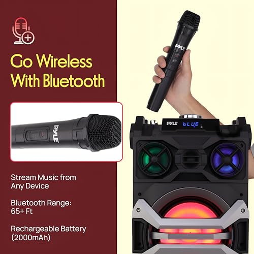 Pyle 500 Watt Portable BT Connectivity Karaoke Speaker System - PA Stereo with 8" Subwoofer, DJ Lights Rechargeable Battery Microphone, Recording Ability, MP3/USB/SD/FM Radio - PWMA325BT