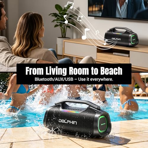 TWS Portable Bluetooth Speaker, 55W Bass, IP67 Waterproof for Outdoor Party | Mic input for karaoke, ABS rugged for pool, garage, trail, Loud Deep Bass 2600mAh plays 6H for Travel, House, Beach, Camping