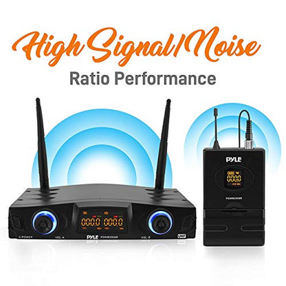 PYLE Compact UHF Wireless Microphone System - Pro Portable Dual Channel Digital Mic Receiver Set W/ 2 Belt-Pack Transmitter, Receiver, 2 Headset, Lavalier Mics, XLR, For Home, PA - PDWM2958B ,Black