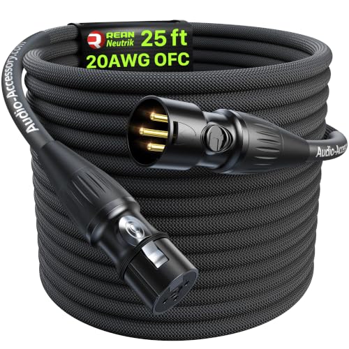 XLR Cables 25ft, 20 AWG, Professional Gold-Plated Rean Connectors from Neutrik, Kevlar-Reinforced Nylon Braided Microphone Cable, Mic Cable, Durable Shielded and Balanced XLR Male to Female Cord | Neutrik REAN Gold-Pin Connector, Kevlar-Reinforced Heavy D