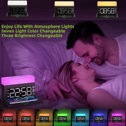IHAO 6in1 Smart Alarm Clock with Wireless Charger RGB Mood Light 15W Fast Wireless Charging for All Qi Phone TWS Headphone Compliant with i-Watch 7 Color Night Light Large Digital Display-Black - color: Multifunctional Alarm Clock Black