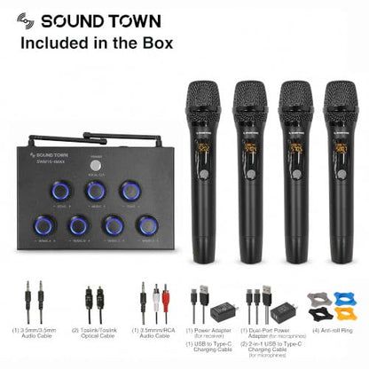 Sound Town 32-Channel Wireless Microphone Karaoke Mixer with 4 Rechargeable Metal Mics, Optical (Toslink), AUX for Smart TVs, Soundbars & Home Receivers, Tablet, PC (SWM15-4MAX) - color: Gloss Black