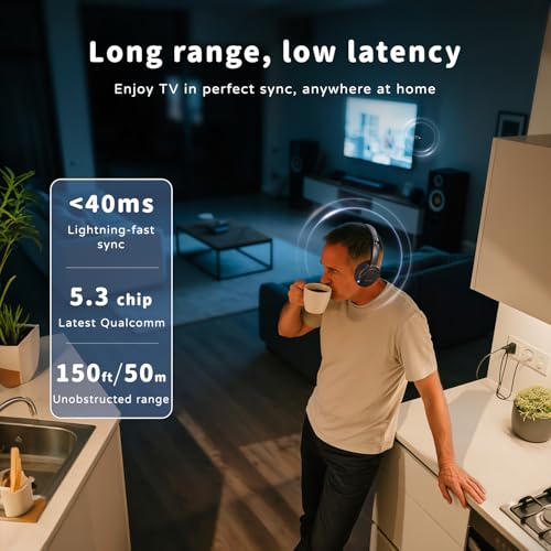 Tianfucen BKM400 Wireless Headphones for TV Watching | TV Headphones Wireless for Seniors, Easy Plug & Play with USB Transmitter, No Lip-Sync Delay, 40H Playtime, Comfortable,Black