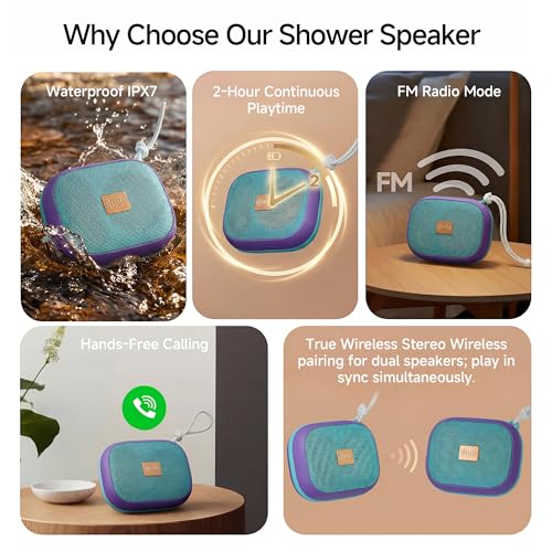 FunHub Waterproof Bluetooth Shower Speaker, Small & Light with Anti-Slip Sides, 3 Play Modes, FM Radio, Bluetooth 5.3 Immersive Stereo Sound (TWS), for Bathroom, Pool, Beach & Outdoor Party – Purple - color: Purple