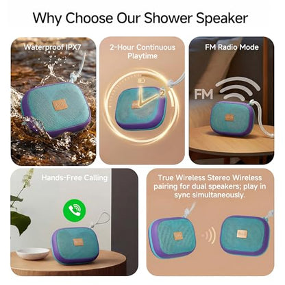 FunHub Waterproof Bluetooth Shower Speaker, Small & Light with Anti-Slip Sides, 3 Play Modes, FM Radio, Bluetooth 5.3 Immersive Stereo Sound (TWS), for Bathroom, Pool, Beach & Outdoor Party – Purple - color: Purple