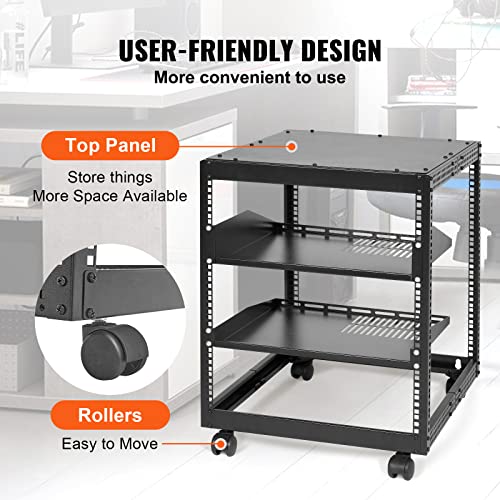 VEVOR 12U Open Frame Server Rack, 23-40 in Adjustable Depth, Free Standing or Wall Mount Network Server Rack, 4 Post AV Rack with Casters, Holds All Your Networking IT Equipment AV Gear Router Modem | Free Standing or Wall Mount, Heavy Duty 4 Post, with 4
