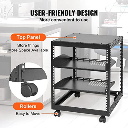 VEVOR 12U Open Frame Server Rack, 23-40 in Adjustable Depth, Free Standing or Wall Mount Network Server Rack, 4 Post AV Rack with Casters, Holds All Your Networking IT Equipment AV Gear Router Modem | Free Standing or Wall Mount, Heavy Duty 4 Post, with 4