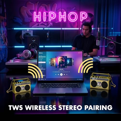 Portable Bluetooth Speakers, Retro Speakers Bluetooth Wireless Wearable | Mini Bluetooth Boombox with 27” Neck Chain, FM Radio, On-Board Buttons, Dual 3W Peak Power Bluetooth Speaker for Anywhere - color: Gold