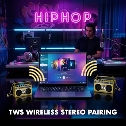 Portable Bluetooth Speakers, Retro Speakers Bluetooth Wireless Wearable | Mini Bluetooth Boombox with 27” Neck Chain, FM Radio, On-Board Buttons, Dual 3W Peak Power Bluetooth Speaker for Anywhere - color: Gold
