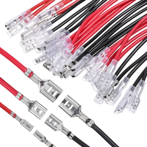 30Pcs 2.8mm 4.8mm and 6.3mm Female Spade Crimp Terminal with Insulating Sleeve and Wire, Red+Black Quick Splice Connector Kit for Speaker Wire, Crimp Terminal Assortment with 20cm Wires