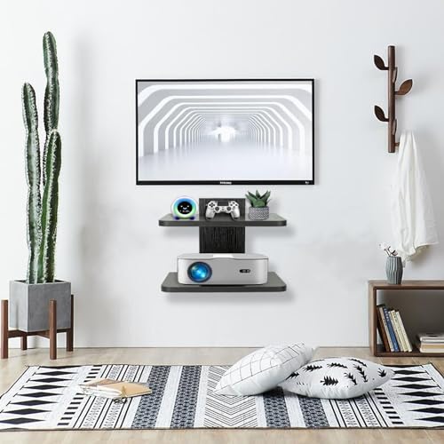 BiJun Projector Wall Mount, 2 Tier Black Floating TV Shelf