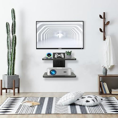 BiJun Projector Wall Mount, 2 Tier Black Floating TV Shelf