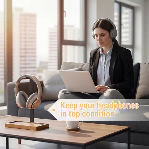 Wood Headphone Stand, Walnut Headset Stand for Desk, Universal Headphone Holder with Storage Base for Gaming, Music Headsets(Light Brown) - color: Light Brown