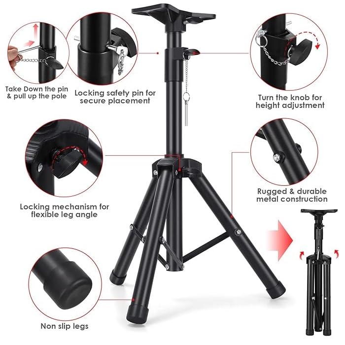 Universal Speaker Stand Tripod, Adjustable Height Range from 30 inches to 44 inches, can Support up to 100 pounds, Easy to Move, Strong Stability, Black Color