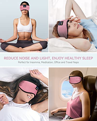 MUSICOZY Sleep Headphones Bluetooth 5.4 Sleep Mask with HD Sound | Breathable Flat Design with Cooling Lining, Washable Headband, 14 Hours Playtime for Travel Meditation Relaxation Gifts - color: Rose Pink