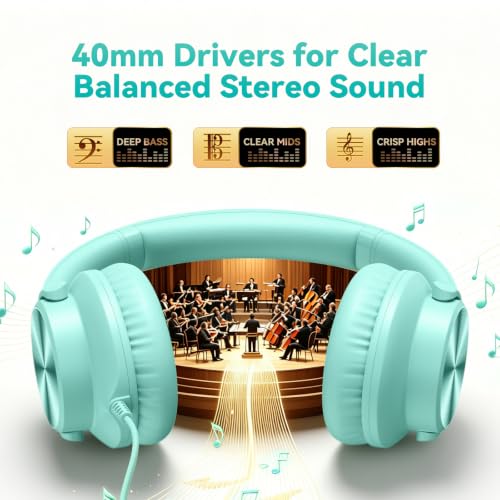 KVIDIO Wired Headphones with Mic, Volume & Playback Control, Over-Ear Foldable Headphones, USB-C Plug, 90° Swivel Ear Cups, 4.9ft Tangle-Free Cord for Tablet, Laptop, PC, School, Travel (Mint Green) | Foldable Plug in Headphones with Volume Control for Te
