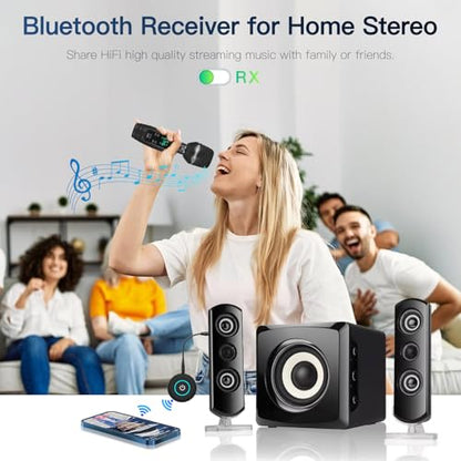 Bluetooth 5.3 Transmitter for TV/Airplane to Wireless Headphones | 2-in-1 Wireless Audio Receiver Adapter for Home Stereo/Speakers/Car System, 3.5mm AUX/RCA Jack, Dual Link, Low Latency, 16H