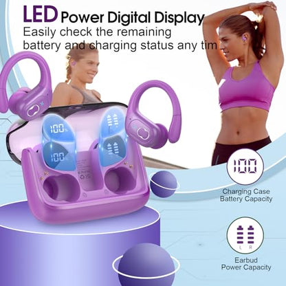 Wireless Earbuds 75H Bluetooth 5.4 Sport Headphones with Earhooks, Purple | IPX7 Waterproof In-ear Buds Feature ENC Noise Cancelling Mic & Deep Bass. Stereo Sound Device for Gym Running Workout - color: Purple