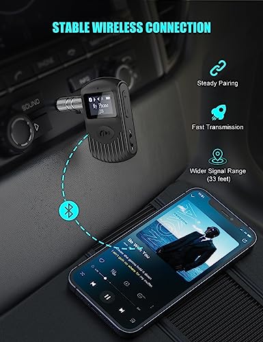 COMSOON Bluetooth Receiver, Black, 3.5mm AUX Bluetooth 5.0 Adapter | LCD Screen, Portable for Car/Home Stereo/Speaker/Wired Headphones, Noise Cancelling, Hands-Free Calling/Music Streaming