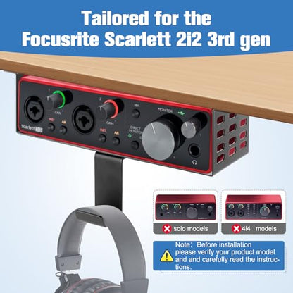 Metal Under Desk Mount for Focusrite Scarlett 2i2 3rd Gen with Adjustable Headphone Hanger Stand, Metal Under Desk Mount for Audio Interfaces and Studio Gear (Only for Focusrite Scarlett 2i2 3rd Gen)