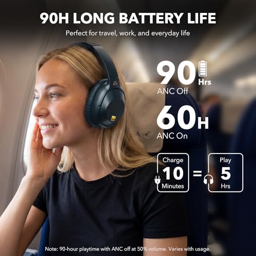 Bluetooth 6.0 Active Noise Cancelling Headphones for Airplane Travel, LDAC Hi-Res Audio, 90H Playtime Wired and Wireless ANC Headphones, Over Ear Headset for Home Office, Custom EQ via APP, Blue | LDAC Hi-Res Audio, 90H Playtime Wired and Wireless ANC Hea