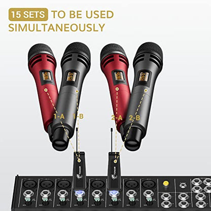 TONOR Wireless Microphones, Dual UHF Karaoke Microphone System, Microfonos Inalambricos with Rechargeable Receiver, Cordless Dynamic Mics Set for Singing, Wedding, Party, 200ft TW320, 2 Mics Grey&Red - style: Dual Mic Grey Red
