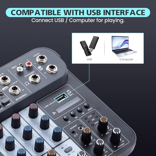 4 Channel DJ Audio Mixer, DJ Mixers Sound Board, Sound Mixer Board XLR 1/4" Interface, BT USB MP3 Computer Input 48V Phantom Power Stereo Karaoke DJ Studio Streaming KTV Stage