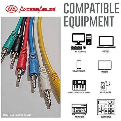 AxcessAbles 1/8 (3.5mm) TRS to 1/8 (3.5mm) TRS Balanced Minijack Stereo Patch Cables| Headphone Jack|1/8 aux Cable Bundle| 3.5mm Stereo Aux Audio Cables Multi-Color 6-Pack (3ft) - size: 3ft, style: 1/8 TRS to 1/8 TRS
