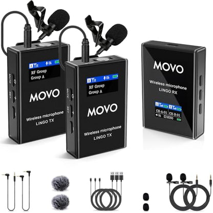 Movo Lingo-Duo 48-Channel UHF Wireless Lavalier Microphone System for Camera - Lav Mic Compatible with Canon, Nikon, and Sony DSLR Cameras - for Filmmaking, Vlogging, Interviews, Content Creation - style: 2 Transmitters