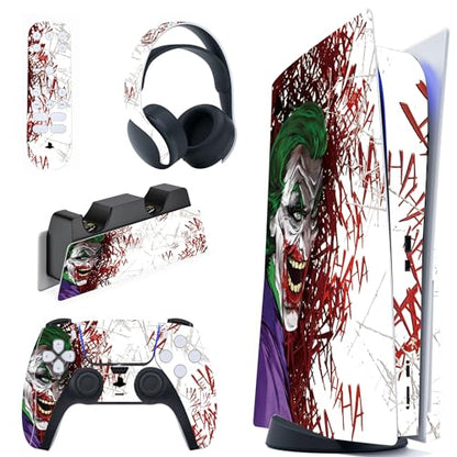 PlayVital Full Set Skin Decal for ps5 Console Disc Edition, Vinyl Sticker Decal Cover for ps5 Controller & Charging Station & Headset & Media Remote - Clown Hahaha - color: Clown Hahaha