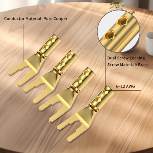 4PCS Spade Connectors,45 Degree Pure Copper Audio Fork Y Spade Plug DIY with Heat Shrink Tubing and Hex Wrench, Double Screw Locking Speaker Cable Plugs for Speaker Cables (Gold Plated) - color: Gold Plated with Heat Shrink Tube