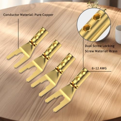 4PCS Spade Connectors,45 Degree Pure Copper Audio Fork Y Spade Plug DIY with Heat Shrink Tubing and Hex Wrench, Double Screw Locking Speaker Cable Plugs for Speaker Cables (Gold Plated) - color: Gold Plated with Heat Shrink Tube