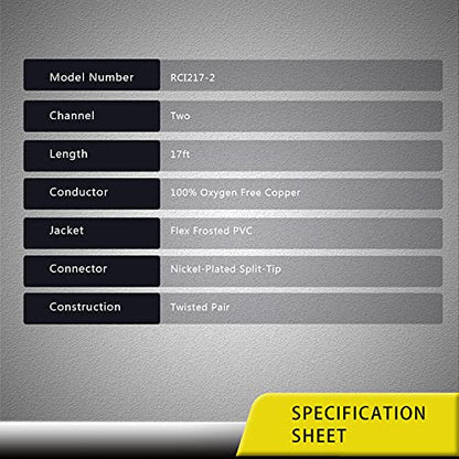 RECOIL RCI217-2 17ft 2-Channel RCA Audio Cable Twisted Pair Noise Reduction | 100% Oxygen Free Copper 2 Pack