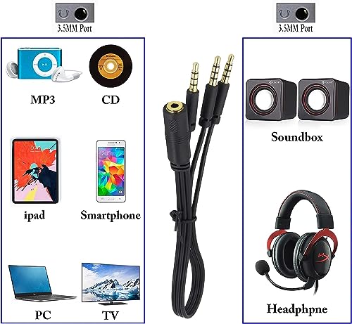 3.5mm Audio Y Splitter Headphone Cable, 3.5mm 1/8" inch Female to 3 Male Headset Mic & Stereo Audio Y Splitter Cable for Smartphone to Soundbox Adapter(30 CM/12 inch) (4-Pole)