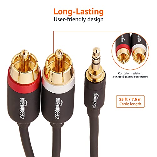 Amazon Basics 3.5mm Stereo Audio Cable to 2 RCA Adapters for Amplifiers, Smartphone, Tablet, Active Speakers with Corrosion-Resistant Gold-Plated Plugs, 25 Feet/7.6 m, Black - size: 25 Feet
