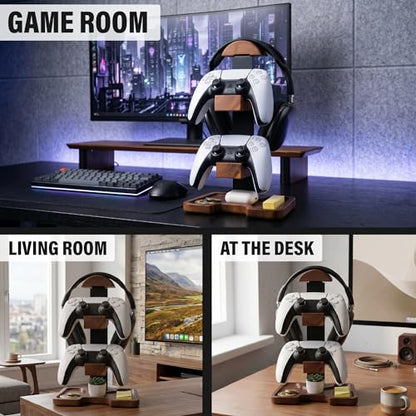 Gaming Equipment Headset Stand with Dual Controller Organizer Rack & Storage Base, Headphone Stand Gamer Gifts for Men Teenage Boy, Unique Gifts for Gamers to Organize Gaming Accessories (Brown Wood)