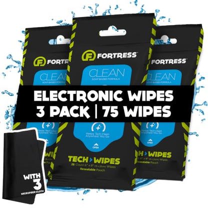 Fortress Electronic Wipes Microfiber (25 ct, Pack of 3) Screen Cleaner | Travel Size, for Phones, Keyboards, TV Monitors, Computer Screens, and More, Skin-Safe Electronic Screen Wipes - style: With Microfiber Cloth
