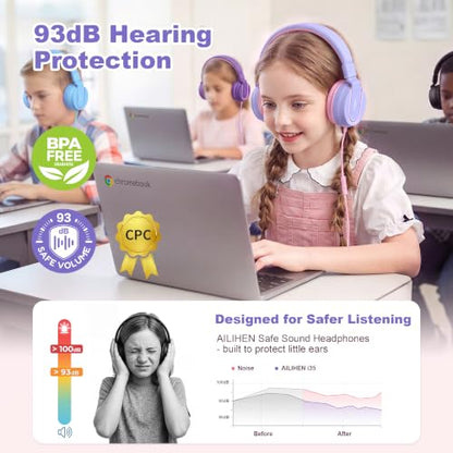AILIHEN I35 Kids Headphones for School with Mic, 93dB Safe Volume, Lilac | Wired On Ear Headphones for Kids Girls, Foldable Lightweight Headphone for Classroom Learning & Entertainment Travel Computer - color: Lilac Pink