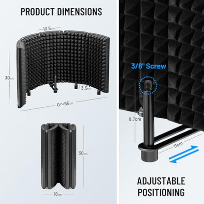CAHAYA Microphone Isolation Shield Studio Mic Sound Absorbing Foam Professional Desktop or Mounted on Stand Recording Equipment Foldable 5-Panel Mic Isolator Panel for Condenser Microphone