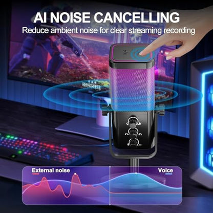 USB Gaming Microphone with Game Chat Balance, RGB Condenser Mic with Noise Cancellation, Quick Mute & Monitoring, for Streaming/Discord/Twitch/Podcast/Videos/ASMR, for PC/Computer/PS4/PS5/Mac
